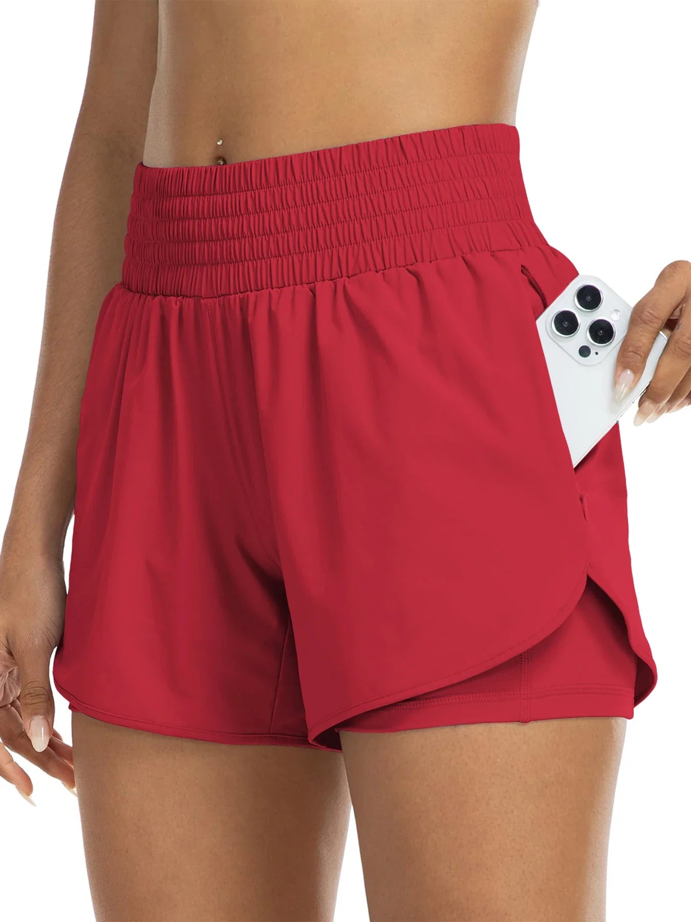 Women's high-waisted athletic shorts for running, yoga, layered design, anti-exposure, fitness, and workout with pockets