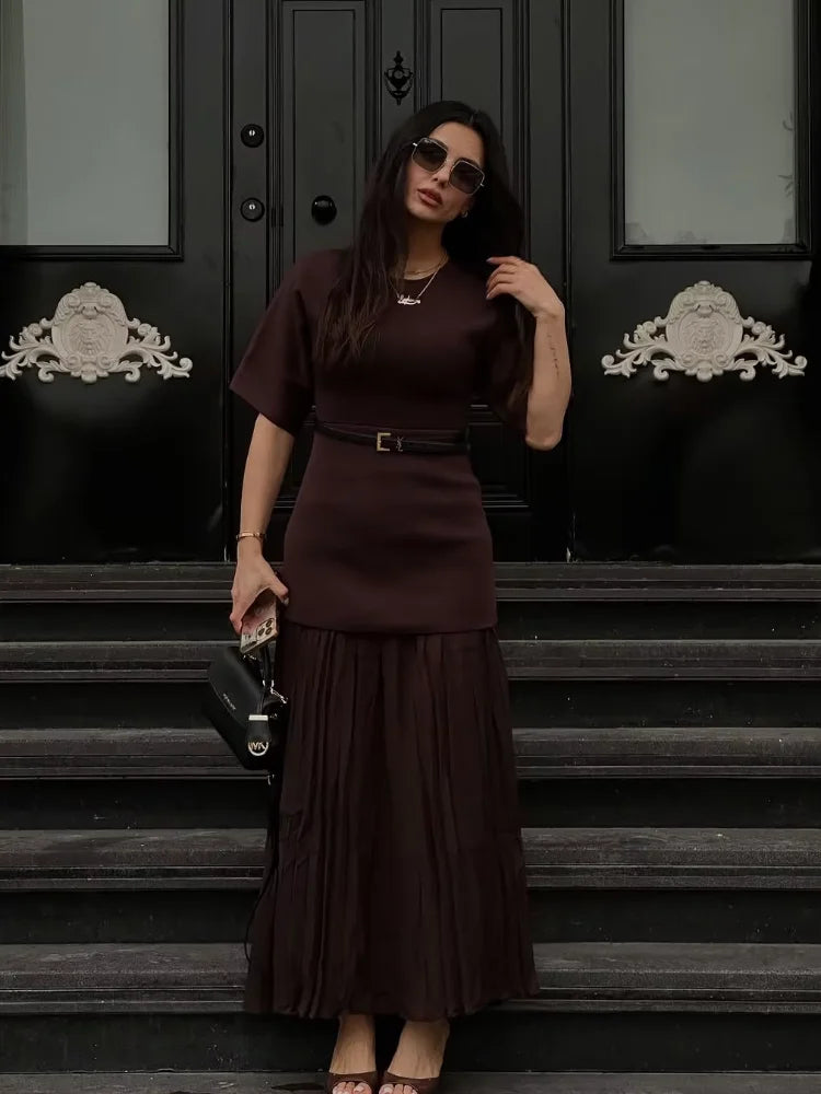 2025 Chic Splicing Brown Half Sleeve Maxi Dress Women's Casual Pleated A-line Slim Vestidos Female Office Commute Street Robes