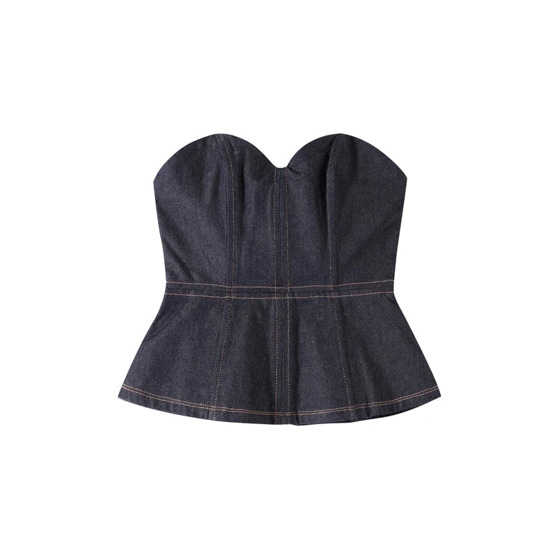 Elegant Denim Blazer Vest Pants Set Women Single-breasted V-Neck Suit Coat Strapless Tanks Straight Leg Jeans 2025 New Lady Suit