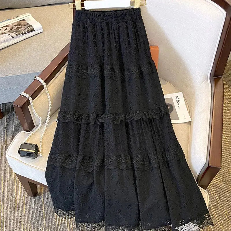 Lace Skirts Women French Style Ankle-length High Elastic Waist Hollow Out Patchwork New Loose Slim Korean  A-line Sweet Fit