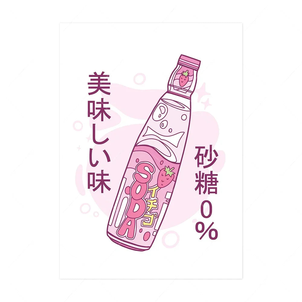 Japanese Kawaii Cuisine Poster Ramen Drink Milk Canvas Painting Wall Picture Soda Water Vapor Wave Print Restaurant Decoration