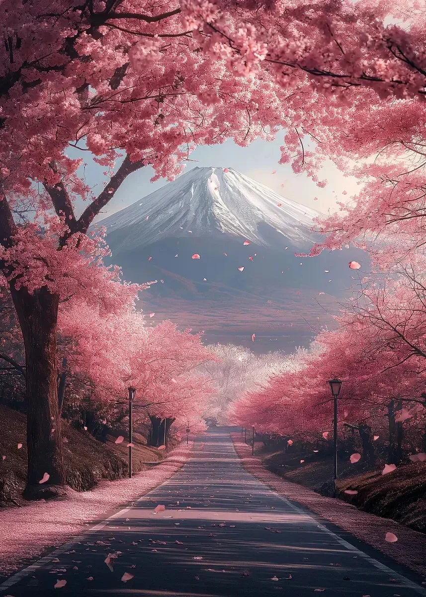 Pink City Asian Travel Japanese Cherry Blossoms At Mount Fuji Poster Light Prints Canvas Painting Wall Pictures Home Room Dec