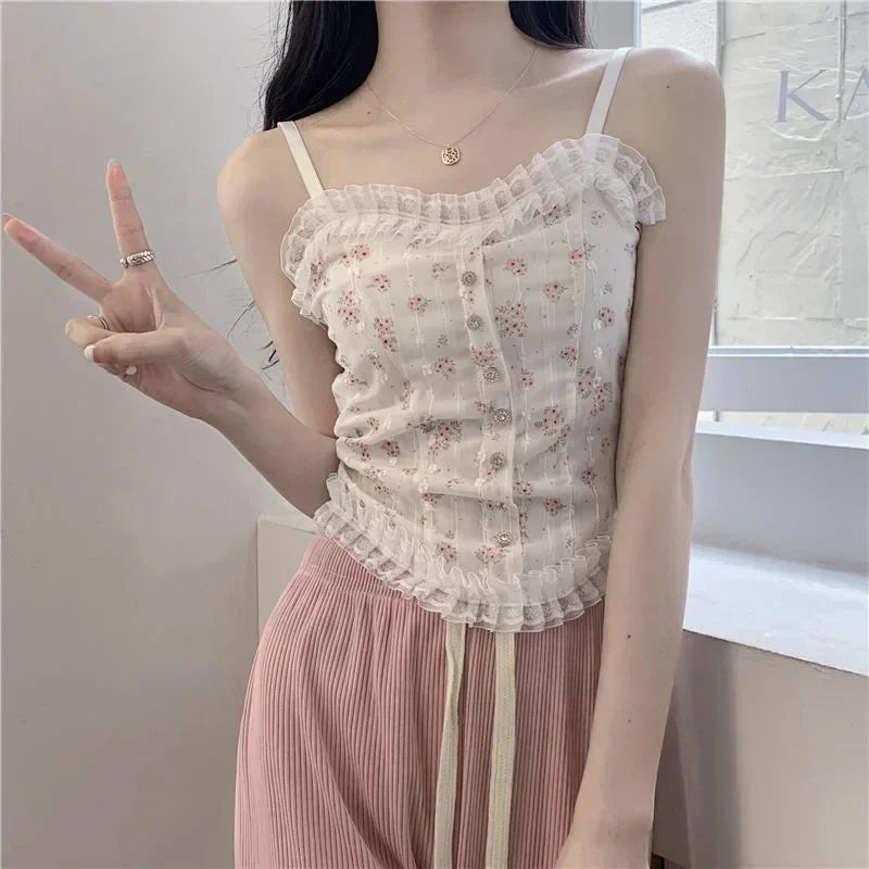 French lace sexy floral vest with a beautiful back wrapped around a solid-color casual halter sleeveless sweet vest underwear