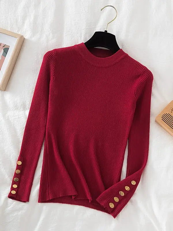 2026 women thick sweater pullovers khaki casual autumn winter button o-neck chic sweater female slim knit top soft jumper tops