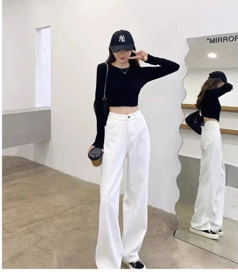New Design Sense Women's Loose Denim Pants Retro Straight Leg Pants Fashionable Solid Color Loose Casual Wide Leg Pants