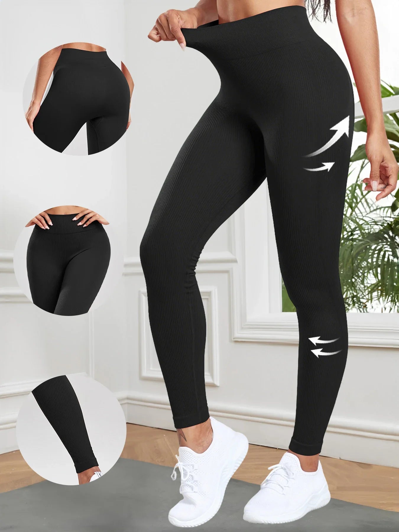 Women Seamless Ribbed Leggings High Waist Butt Lifting Workout Tights Solid Color Simple Fitness Pants Casual Clothing