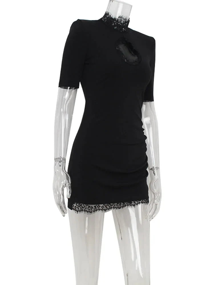 Huhugirl Lace Patchwork Hollow Out Bodycon Sheath High Collar Women Dresses Half Sleeve Outfits Sexy Club Fashion Female Vestido