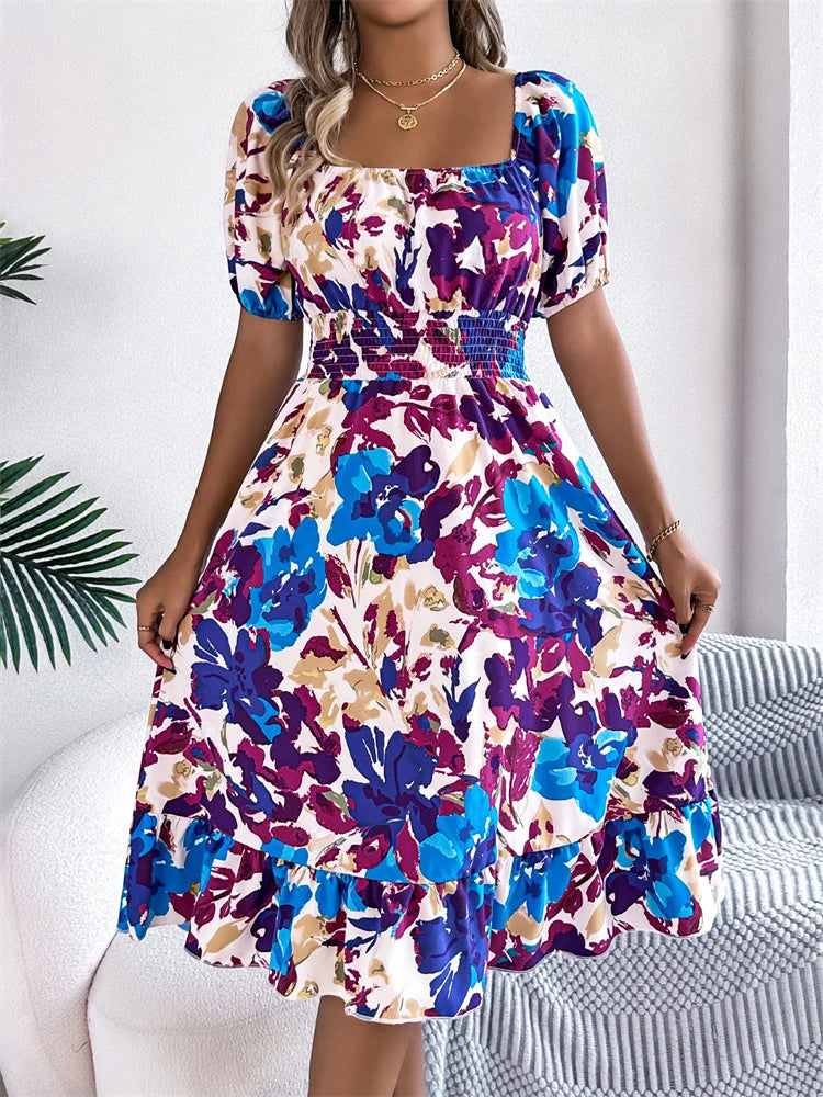 Msfilia Leisure Square Collar Spring Summer Dress Women Short Sleeve Loose Waist Design Lotus Leaf A-shaped Print Dress