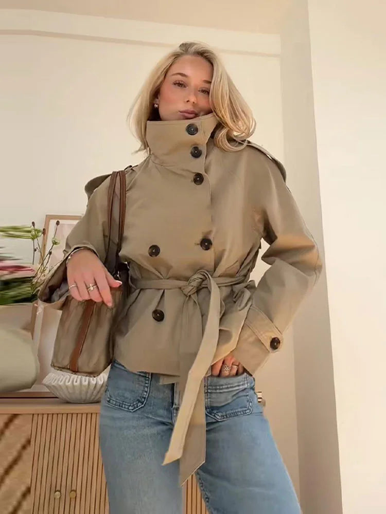 Belted Waist Cropped Trench Jackets Women Double Breasted Stand Collar Coats 2025 Autumn Chic Casual Vintage Jacket Women Cloth