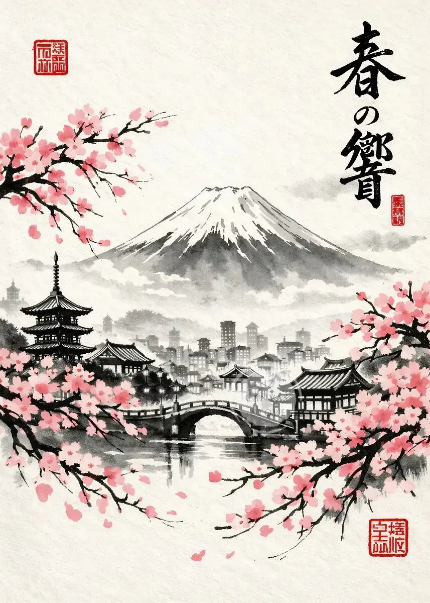 Japanese Ink Painting Landscape Spring Cherry Blossoms Canvas Print Asian Style Wall Art Poster for Living Room Home Decor Gift