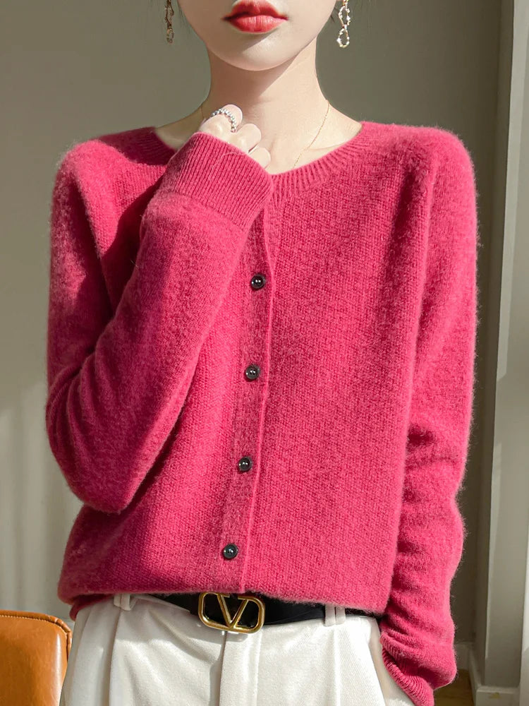 Women 100% Merino Wool Cardigan Soft O-Neck Cashmere Sweater OL Buttoned Knitwear Casual Top Clothing Korean Style