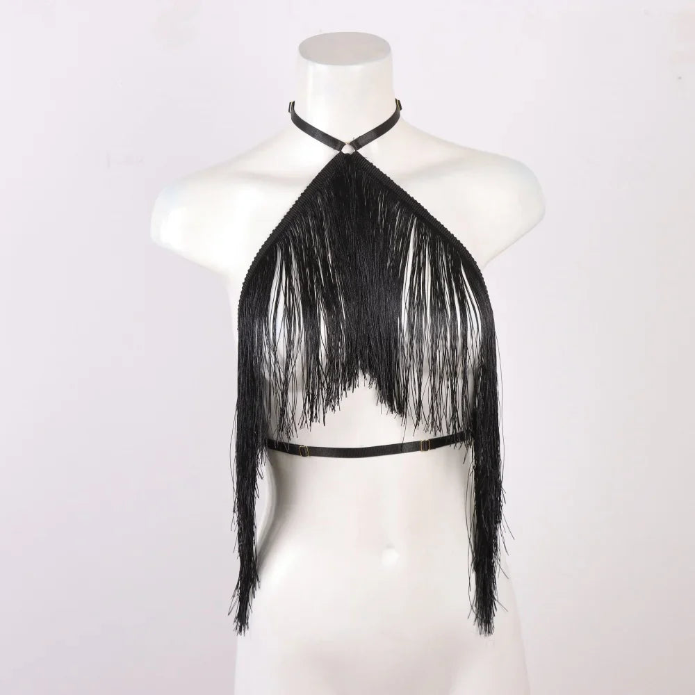 Women'S Black Tassel Halter Top-Adjustable Elastic Harness, All-Season Wear, Casual Attire Top,Tassel Detail Top