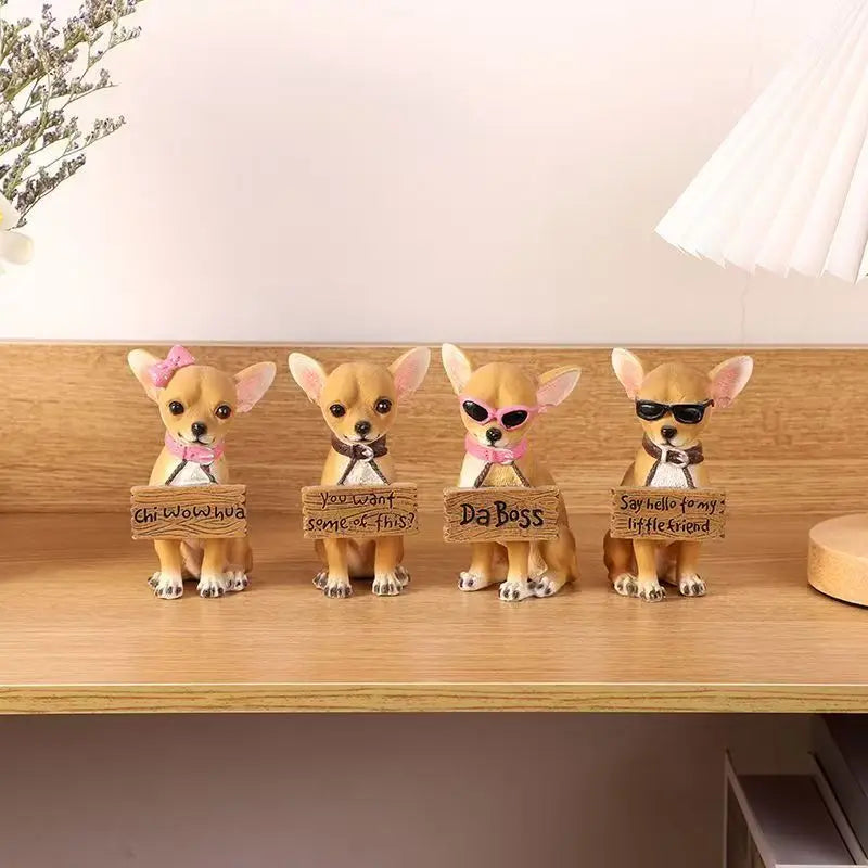 Chihuahua Dog Statue Figurine 10.5cm Hand-Painted Realistic Cute Resin Animal Sculpture Home Desk Shelf Decor Gift for Pet Lover
