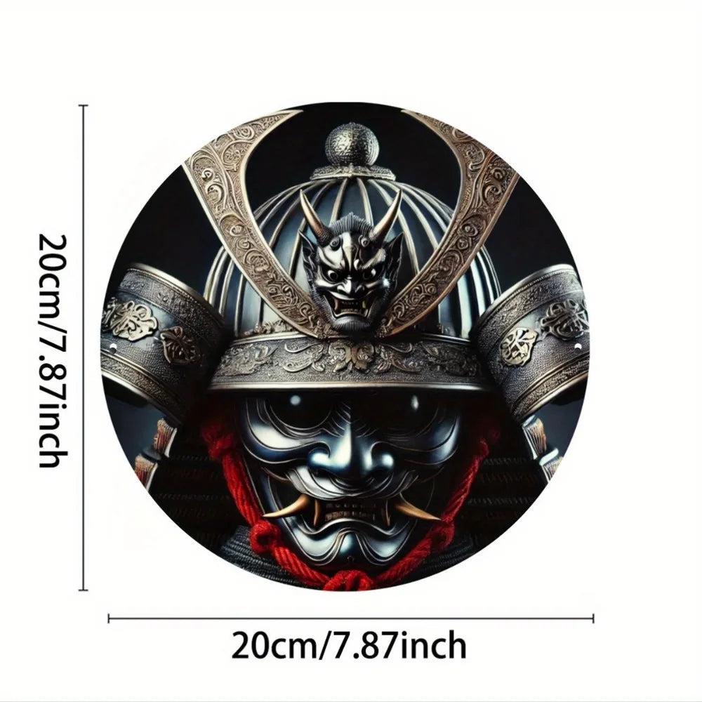 Round Metal Sign: Japanese Samurai Helmet (Oni Mask) - Wall Art Decor, Bedroom, Cafe, Home & Dorm Decoration
