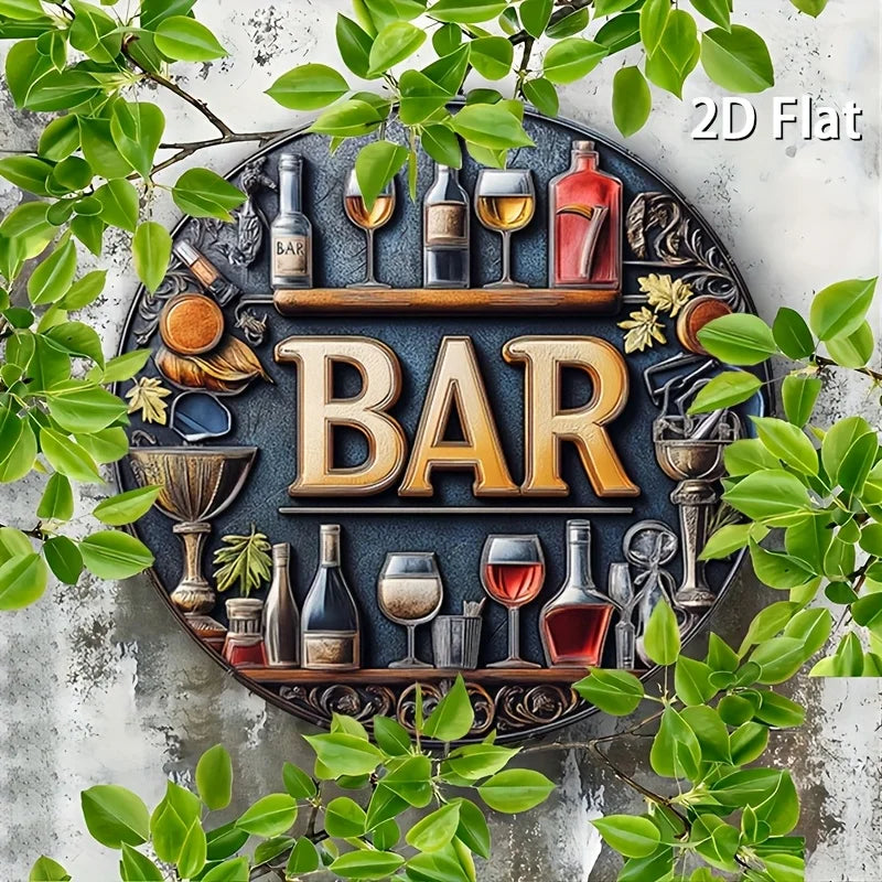 2D Flat, 1pc Vintage Metal Bar Sign - Elegant Wine & Glasses Design, Retro Aluminum Round Wall Art for Bars, Cafes, Beach Houses
