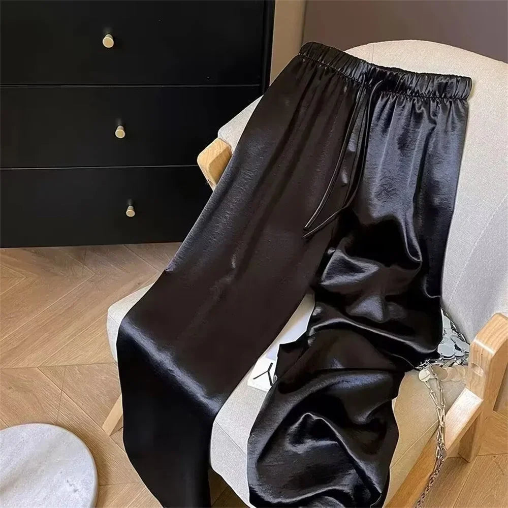 Korean Fashion High Waist Thin Wide Leg Women Summer Office Lady Solid Color Straight All-match Casual Pants Trousers Clothes