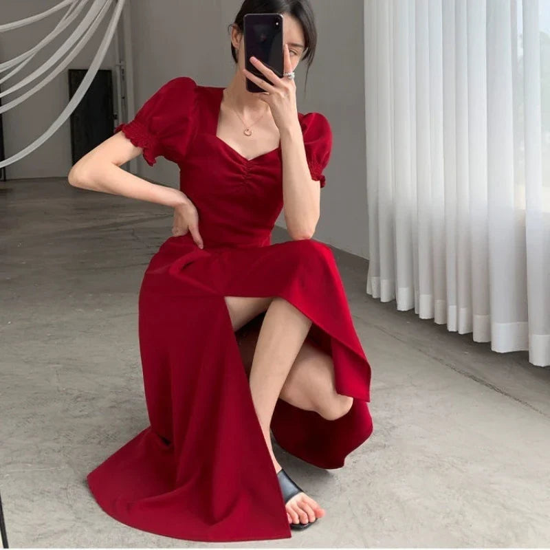 Women Summer V-neck Puff Short-sleeved Dress Elegant Female Side Slit Long A-Line Dresses Solid Sexy Slim Evening Party Vestidos