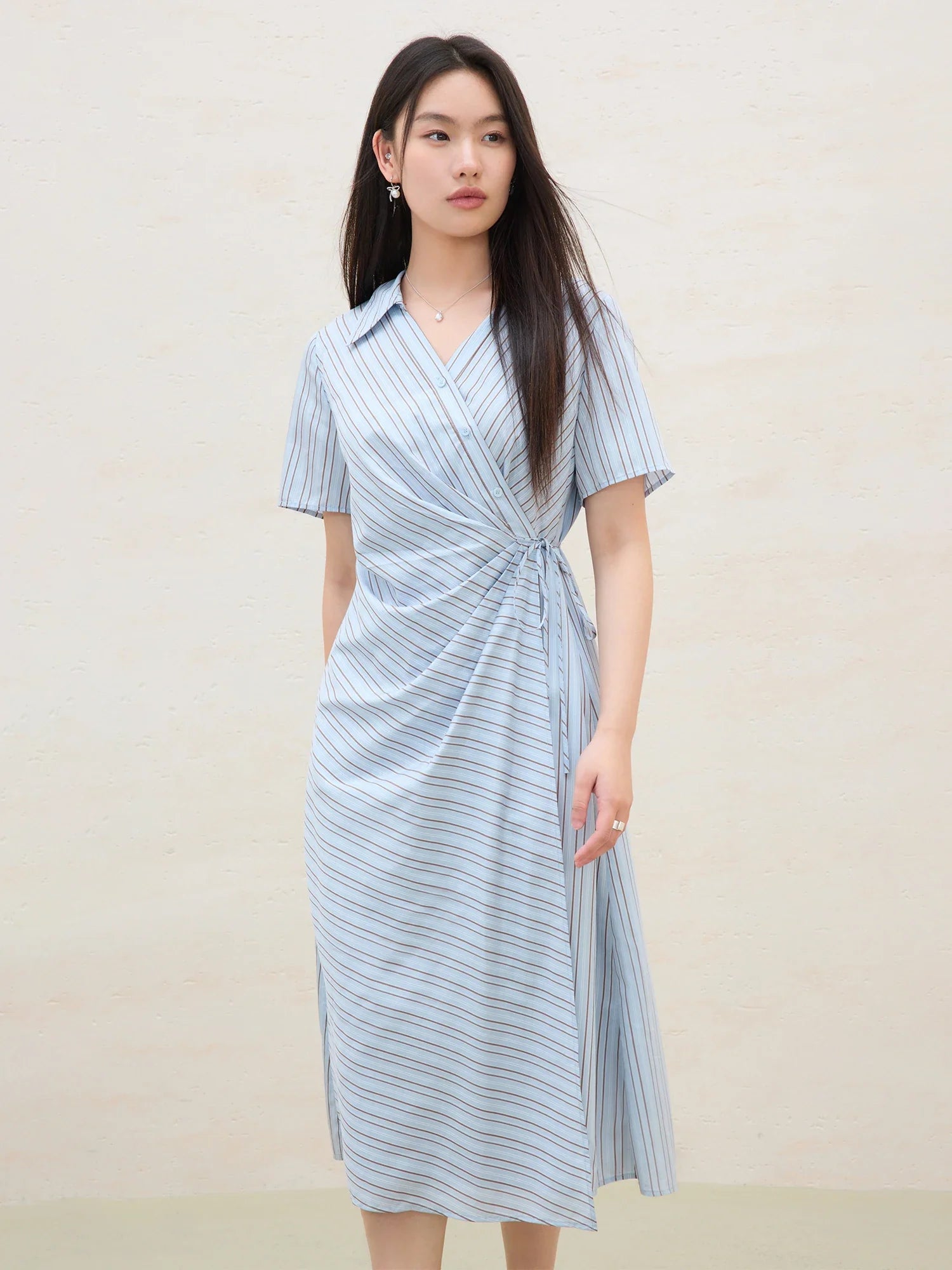 DUSHU 2025 Summer Women's Surplice Shirt Dress - Button-Down Collar & Midi Length for Office to Casual Wear 25DS82142