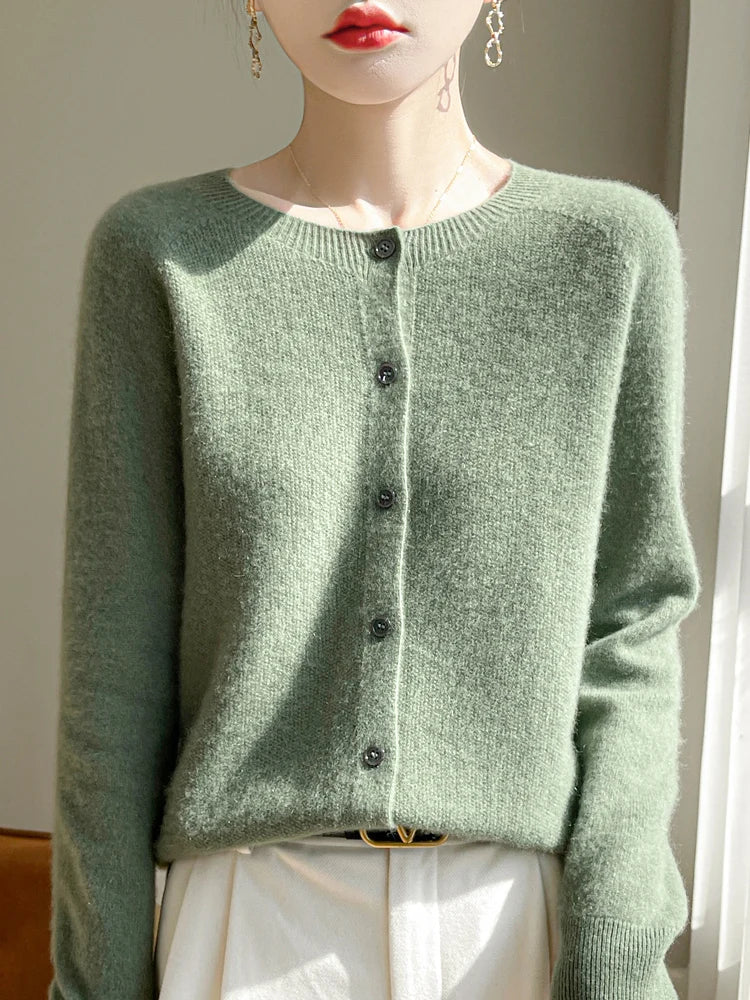 Women 100% Merino Wool Cardigan Soft O-Neck Cashmere Sweater OL Buttoned Knitwear Casual Top Clothing Korean Style