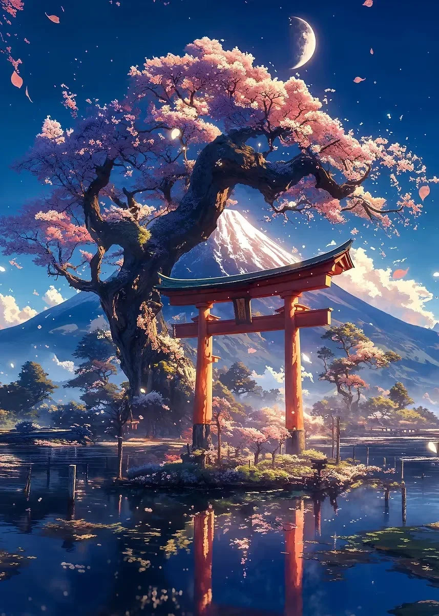 Pink City Asian Travel Japanese Cherry Blossoms At Mount Fuji Poster Light Prints Canvas Painting Wall Pictures Home Room Dec