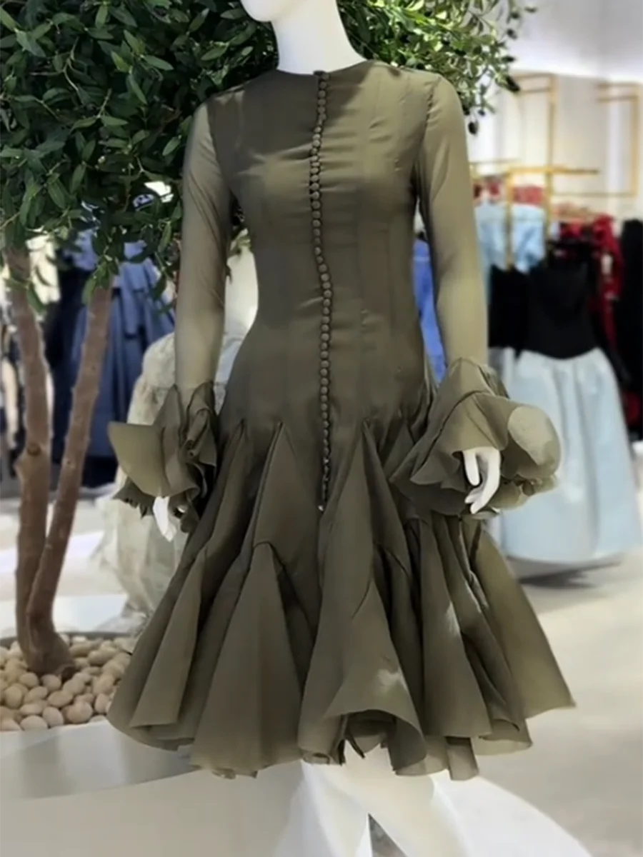TWOTWINSTYLE Solid Long Dresses For Women Round Neck Flare Sleeve High Waist Slim A Line Spliced Ruffles Dress Female Fashion