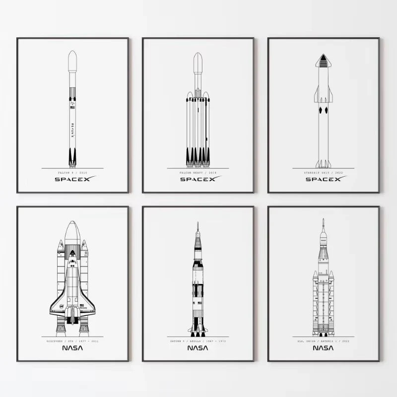 NASA and SpacX Poster Minimalist Space Rocket Blueprints Canvas Painting Modern Wall Art Picture for Living Room Home Decor