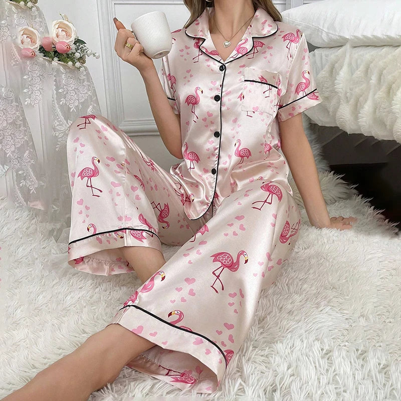 Women's Pajamas Sets Autumn Short Sleeve Buttons Top & Pants Sleepwear 2 Piece Button-Down Pj Set Homewear Satin Loungewear