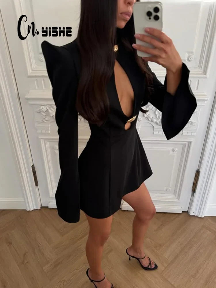 CNYISHE Metal Buckle Hollow Out Women Dresses Autum Fashion Solid O Neck Sheath Long Sleeve Sexy Club Female Bodycon Chic Robes
