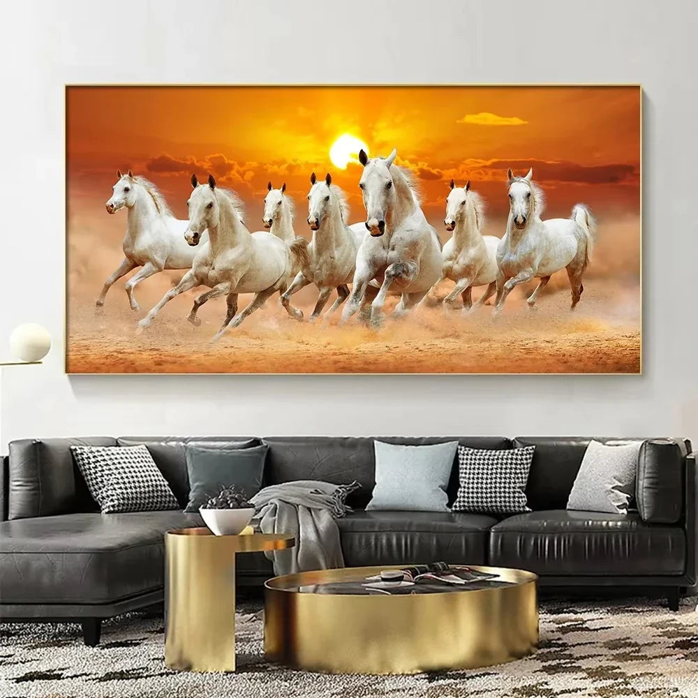 Modern Simple Wall Art 7 Running White Horses Sunset Scenery HD Canvas Printing Poster Home Living Room Bedroom Decoration