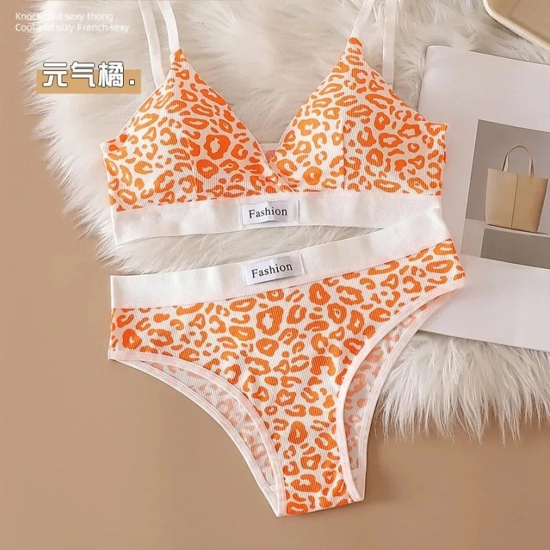 2025 Summer New Women's Leopard Print Traceless and Steel Rim Bra Adjustable Shoulder Strap Back Women's Underwear Set