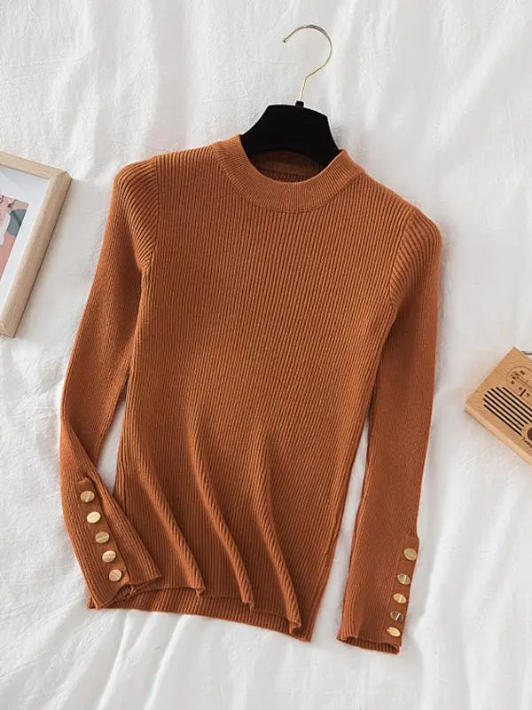 2026 women thick sweater pullovers khaki casual autumn winter button o-neck chic sweater female slim knit top soft jumper tops