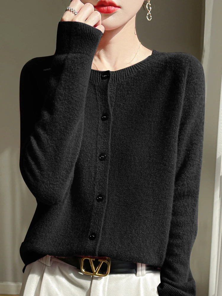 Women 100% Merino Wool Cardigan Soft O-Neck Cashmere Sweater OL Buttoned Knitwear Casual Top Clothing Korean Style