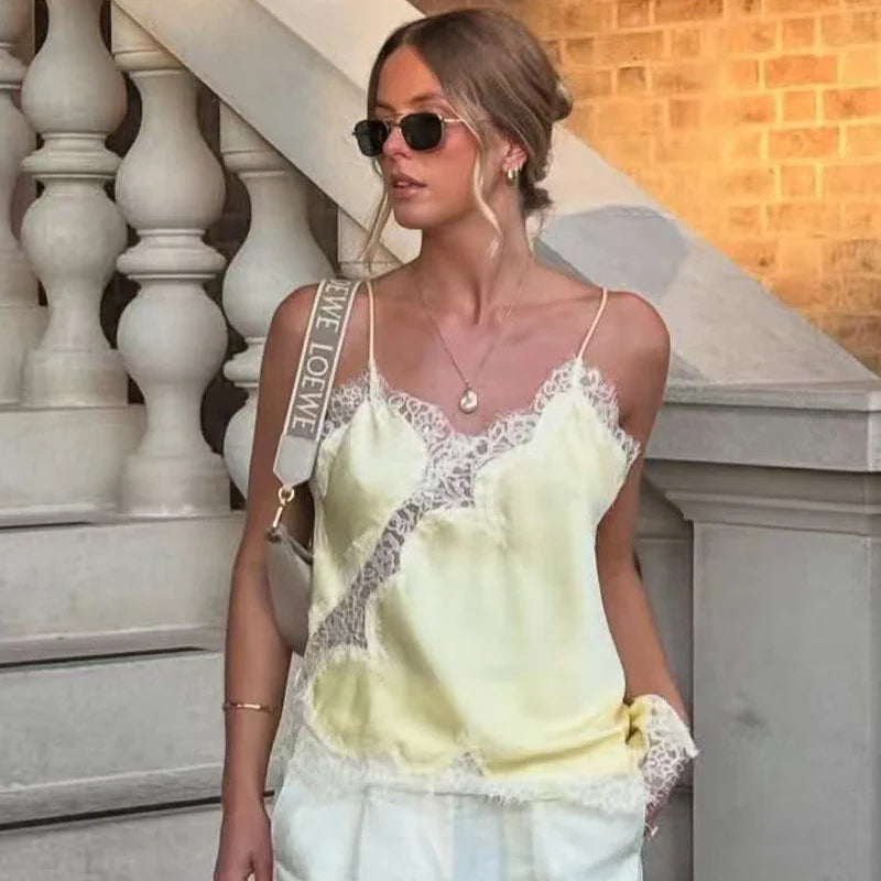 HXAO 2025 Woman Asymmetrical Slip Top Women Sexy Black Yellow Blue Top Lace Tanks & Camis Chic Y2K Sleeveless Backless Camisole
