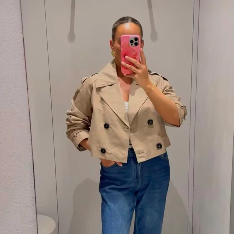 Women's Fashion Double Breasted Short Trench Coat Turn-down Collar Long Sleeve Coats Vintage Female Outerwear Chic Tops
