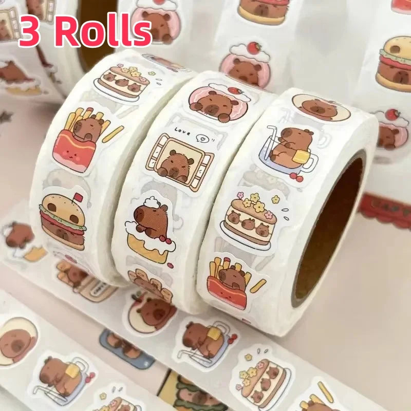 500Pcs Capybara Stickers Roll Waterproof PVC Self-Adhesive Decals Cute Animal & Food-Themed Perfect for Laptops Scrapbook Phones
