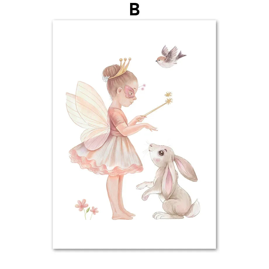 Kawaii Angel Girls Rabbit Sun Rainbow Cloud Cartoon Children Posters Canvas Painting Wall Art Print Picture Baby Kids Room Decor