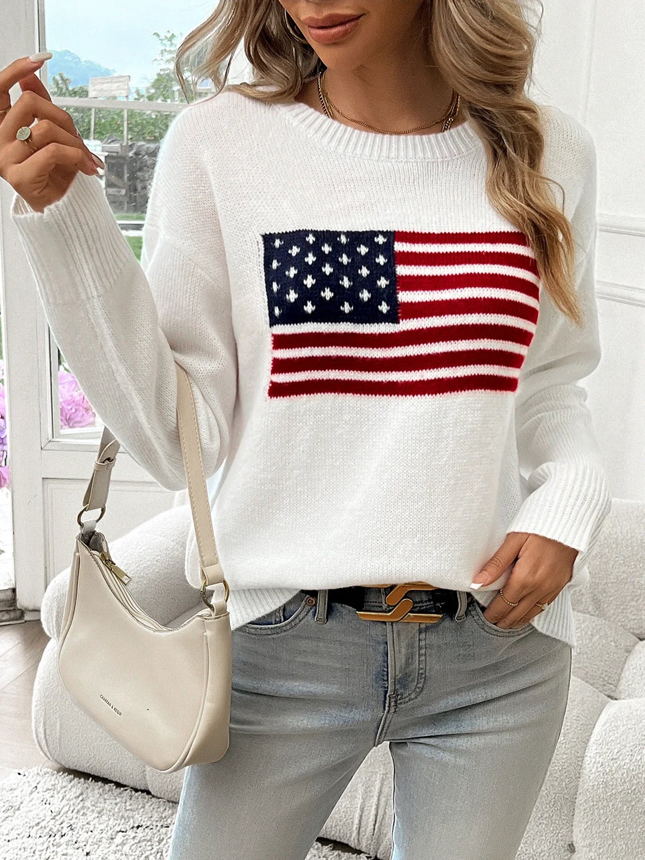 American Flag Crew Neck Long Sleeve Pullover Women's Sweater