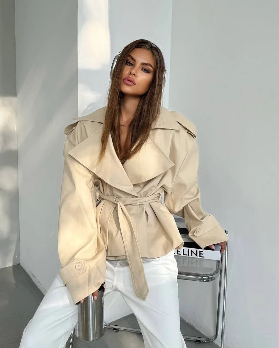 Solid Lapel Lace Up Trench Coat Women Fashion Full Sleeve Waist Cinching Short Windbreak New Autumn Office Commute Outwear 2026