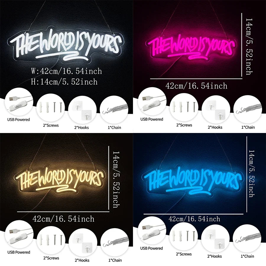 The World Is Yours Neon Sign, Led Letter Icon, Usb Powered, Used For Room, Home, Valentine'S Day Date, Wedding Background Decor.