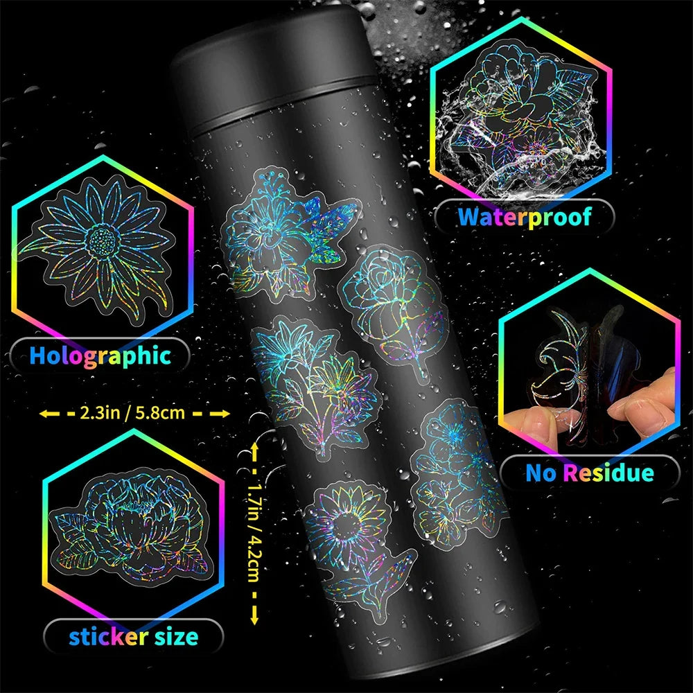 10/30/50pcs Cartoon Holographic Laser Flower Aesthetic Stickers Laptop Notebook Phone Suitcase Decoration Sticker Decals Kid Toy