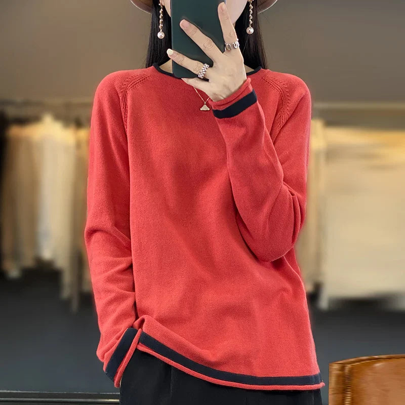 100% Cotton Knitwear Women's Round Neck Sweater Spring And Summer New Loose Color Matching Cotton And Linen Bottoming Shirt