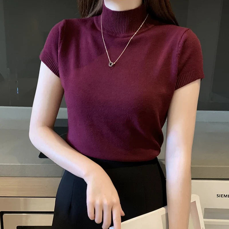 Turtleneck T-Shirt Women's Fashion Jumper Casual Tops Korean Style Elegant Solid-Coloured Clothing Spring And Summer Season