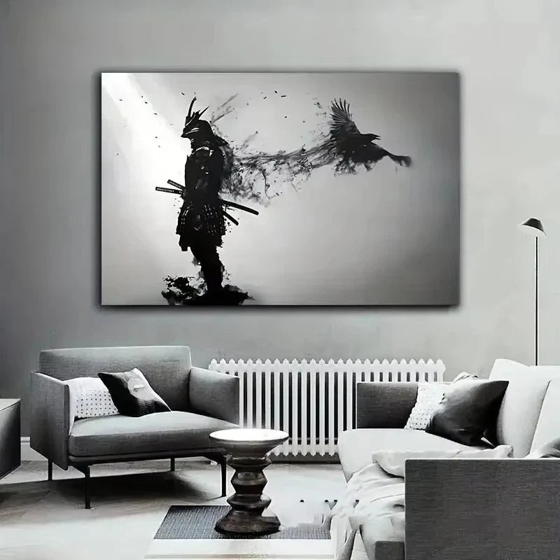 Black and White Japanese Black Samurai Man with Crow Posters and Print Wall Art Canvas Painting for Living Room Cuadros Decor
