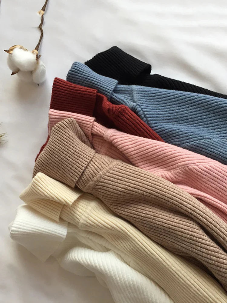 2026 Autumn Winter Thick Sweater Women Knitted Ribbed Pullover Sweater Long Sleeve Turtleneck Slim Jumper Soft Warm Pull Femme