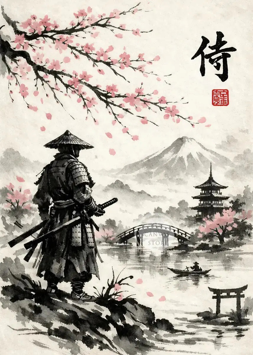 Japanese Ink Painting Landscape Spring Cherry Blossoms Canvas Print Asian Style Wall Art Poster for Living Room Home Decor Gift