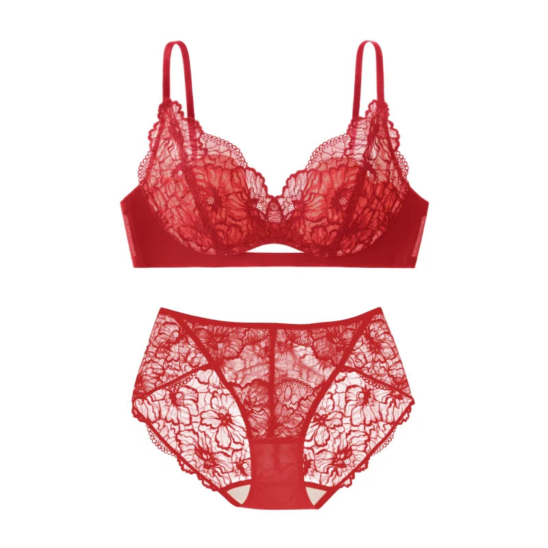 SUJIIN Summer Sexy Bra and Panty Sets for Woman Lace Comfort Thin Bras Set Women's Small Chest Wireless Lingeries Sexy Hot MX325