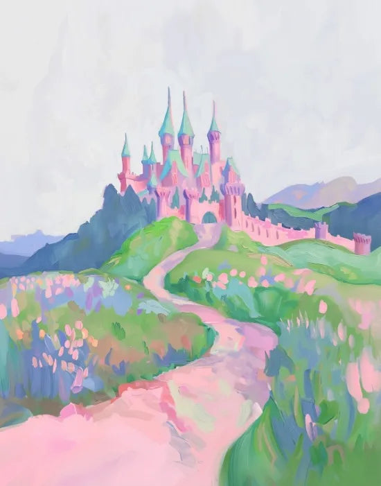 Fairy Tale World Illustration Poster Pink Castle Mermaid Illustration Wall Decor Nursery Room Kids Room Wall Decor Canvas Prints