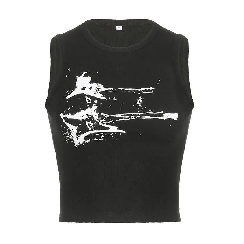 Guitar Print Sleeveless Tank Top Y2K Casual Ribbed Women Grunge Crop Top Harajuku Fashion Vest Tee 90s Street Outfits