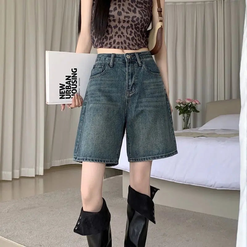 Denim Shorts Women Summer Loose Button Zipper Pockets Vintage Retro High Waist Korean Style Casual Cozy Solid Simple All-match