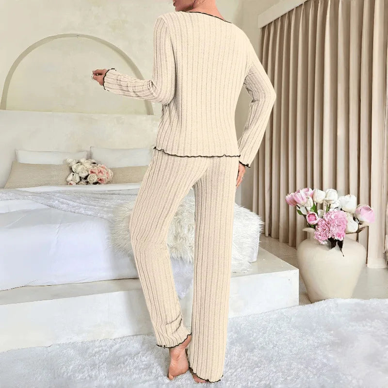 Flannel Warm Sleepwear Women Casual Pajamas Set Long Sleeve T-shirt Top and Trousers Set Homewear Autumn Winter Loungewear